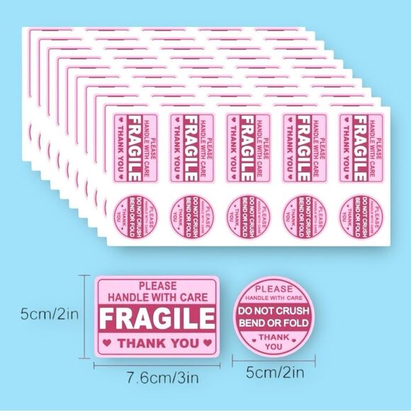 Pink Fragile - 100 Handle With Care Stickers - Do Not Crush Bend - Thank You - Picture 2 of 7